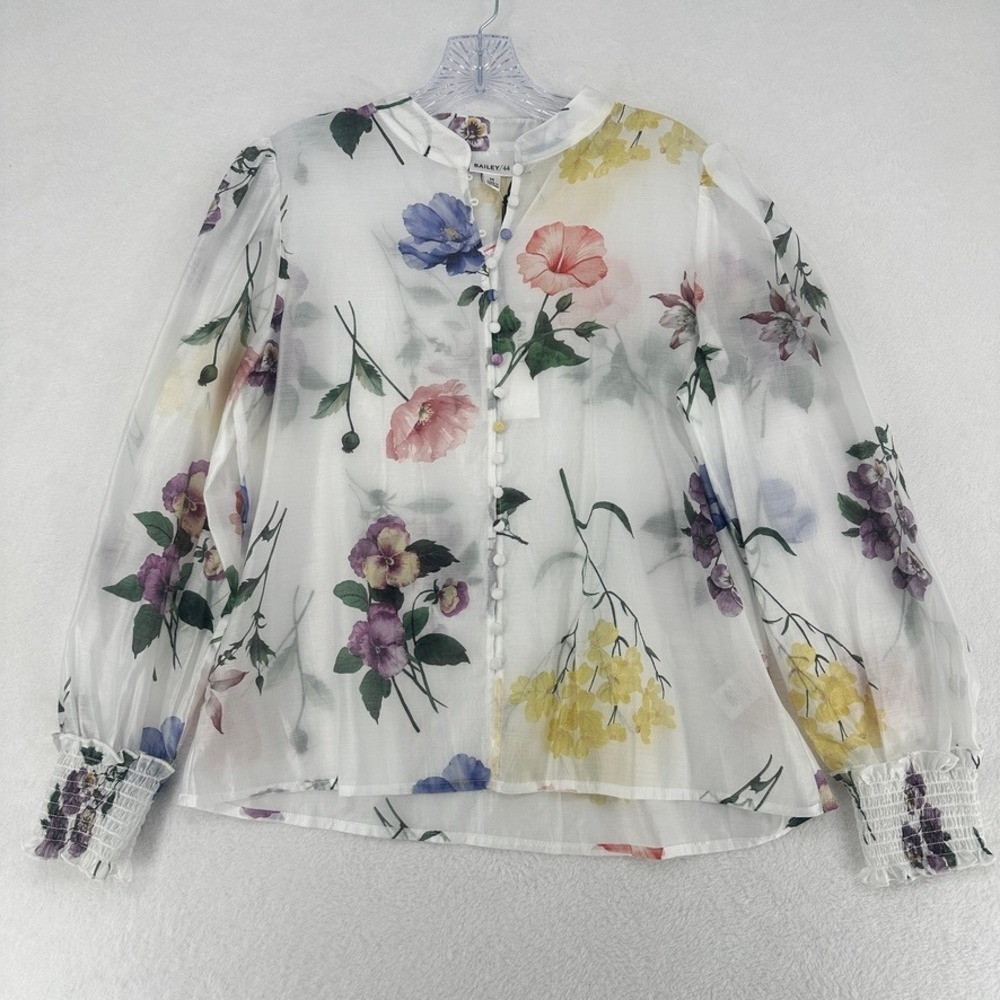 Bailey 44 Sheer Floral‎ Button Blouse Smocked Cuff M NWT
